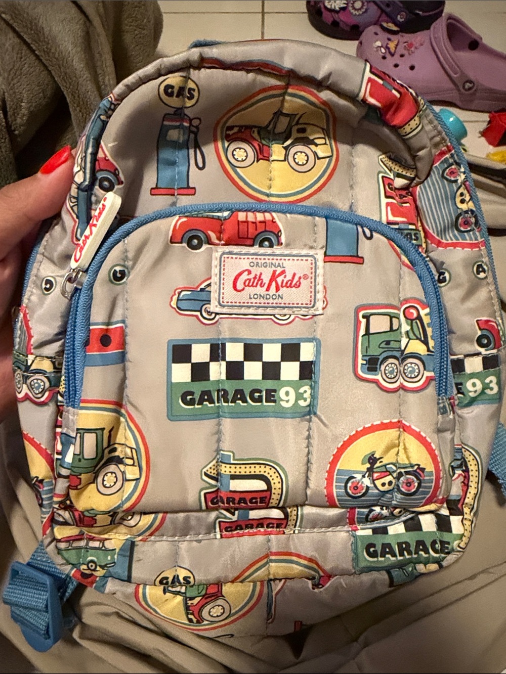 Cath Kidston Grey Kids Backpack with Blue Trim and Multicolor Vehicle Print mini